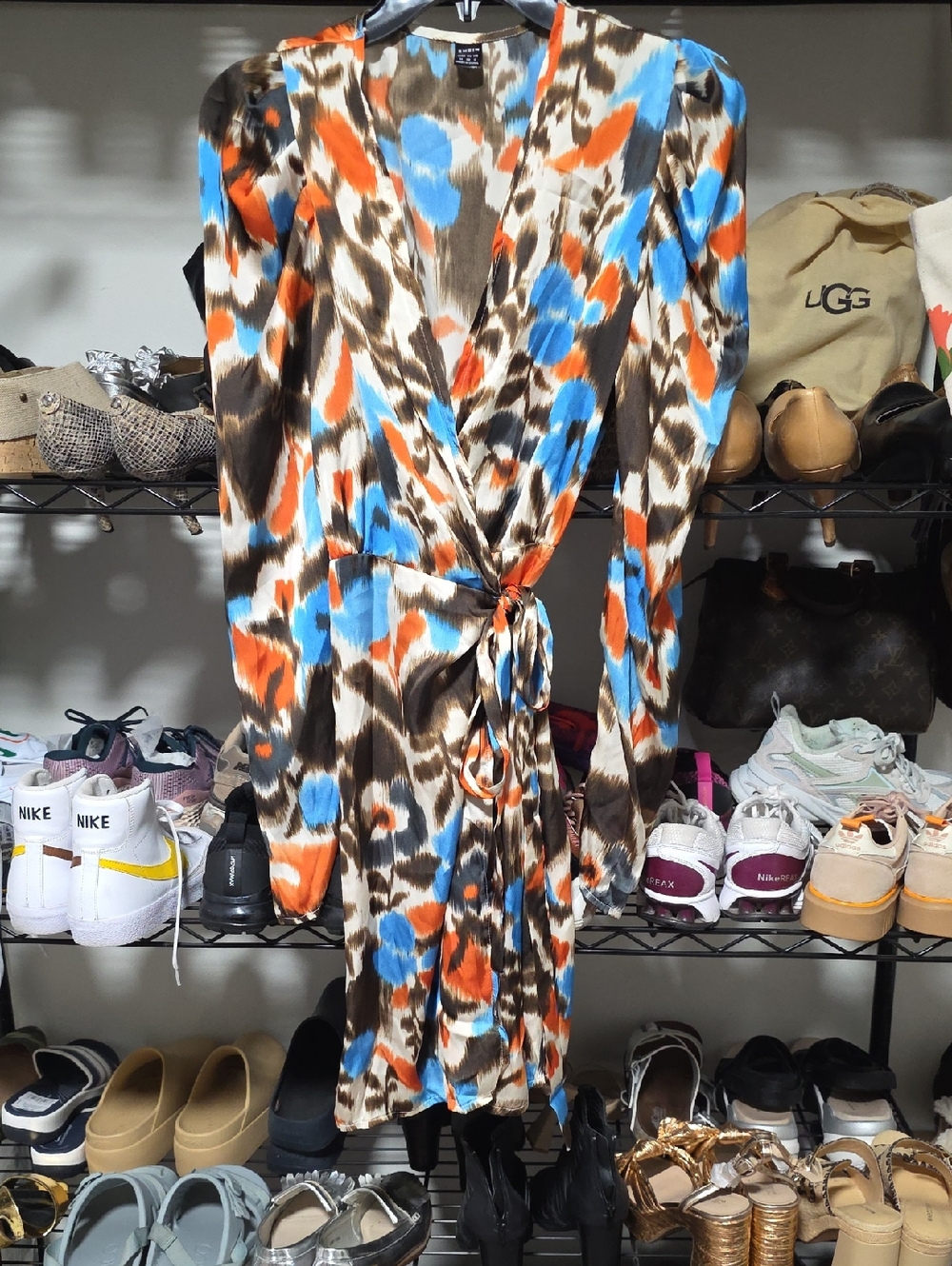 SHEIN Brown, Blue & Orange Print Wrap Midi Dress
